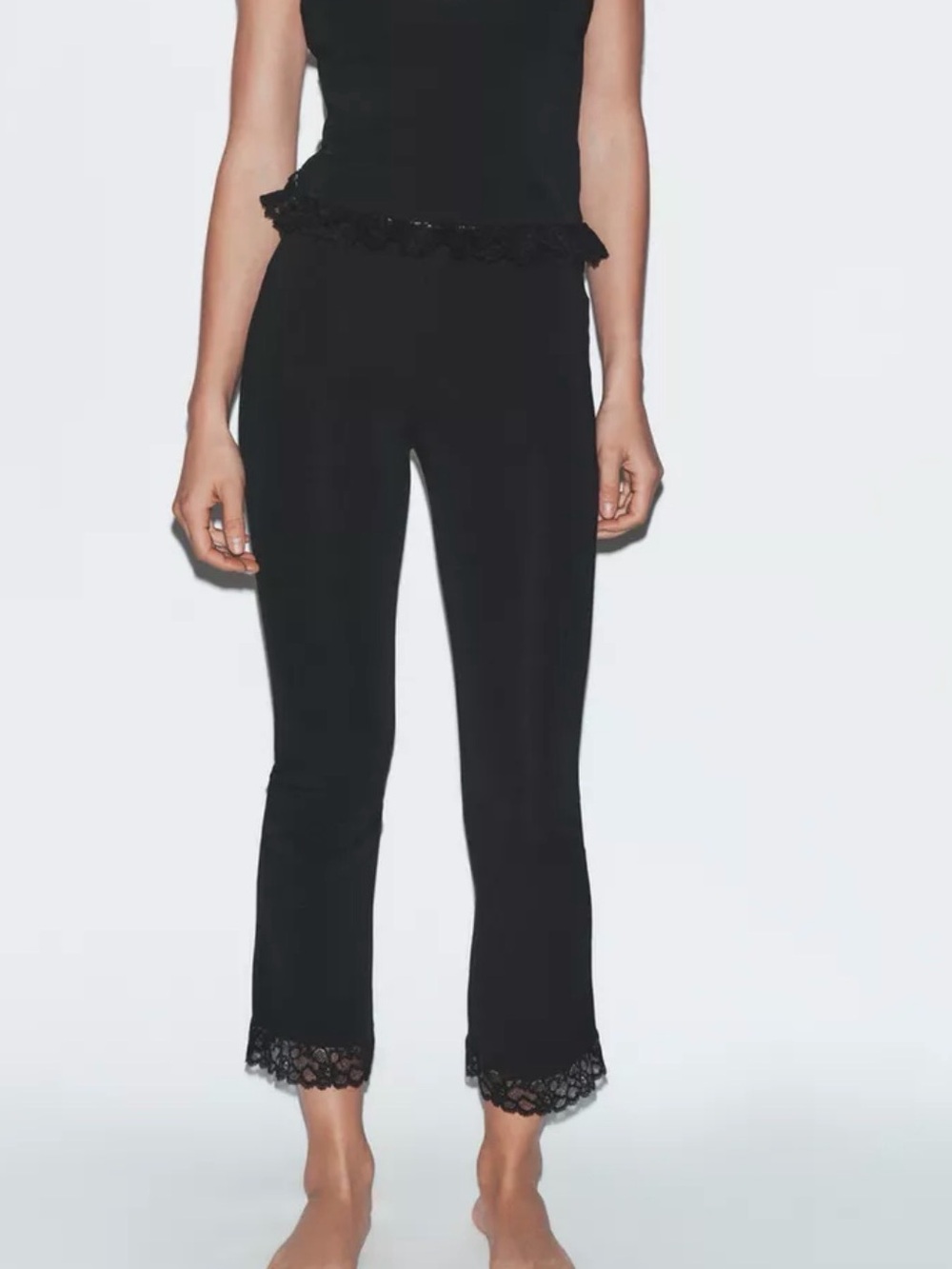 Never worn Black Zara capri’s with lace trim bottoms